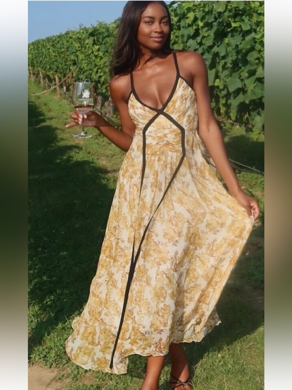 New Zara Printed Ecru Yellow Black Trim Dress - Picture 13 of 13